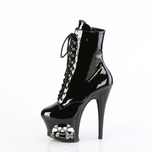 Product image of Pleaser MOON-1020SK Blk Pat/Blk-Pewter 7 Inch Heel 2 3/4 Inch Cut-Out PF Lace-Up Ankle Boot Side Zip