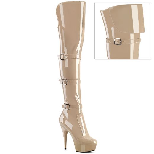 Product image of Pleaser DELIGHT-3018 Nude Str. Pat/Nude 6 Inch Heel 1 3/4 Inch PF Triple Buckle Strap OTK Boot Side Zip