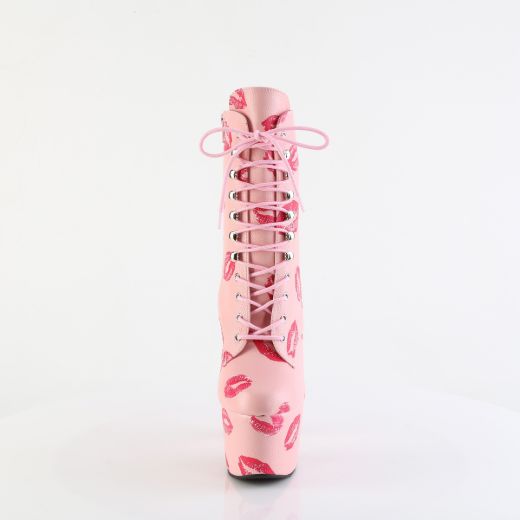 Product image of Pleaser ADORE-1020KISSES B. Pink Faux Leather/B. Pink Faux Leathe 7 Inch Heel 2 3/4 Inch PF Lace-Up Lips Print Ankle Boot Side Zip