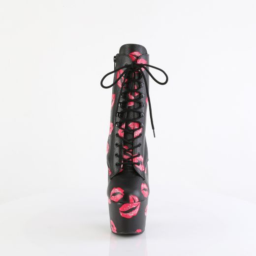 Product image of Pleaser ADORE-1020KISSES Blk Faux Leather/Blk Faux Leather 7 Inch Heel 2 3/4 Inch PF Lace-Up Lips Print Ankle Boot Side Zip