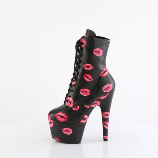 Product image of Pleaser ADORE-1020KISSES Blk Faux Leather/Blk Faux Leather 7 Inch Heel 2 3/4 Inch PF Lace-Up Lips Print Ankle Boot Side Zip