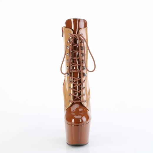 Product image of Pleaser ADORE-1020DC Toffee-Caramel Pat/M 7 Inch Heel 2 3/4 Inch PF Two Tone Lace-Up Ankle Boot Side Zip