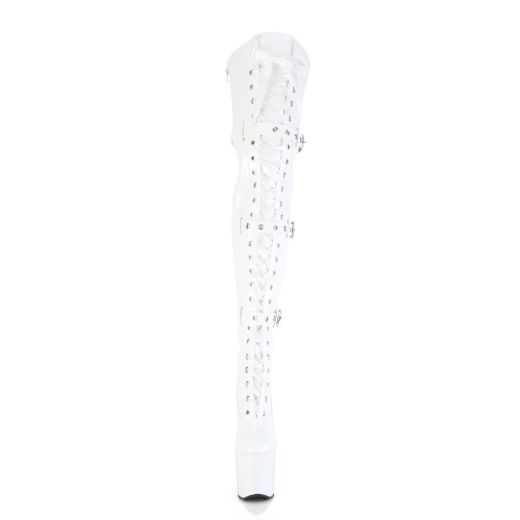 Product image of Pleaser CRAZE-3028 Wht Str. Pat/Wht 8 Inch Heelless 3 Inch PF Lace-Up Front Thigh Boot Side Zip
