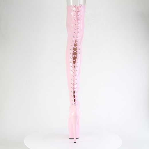 Product image of Pleaser ADORE-3850 B. Pink Str. Pat/B. Pink 7 Inch Heel 2 3/4 Inch PF Lace-Up Back Stretch Thigh Boot Side Zip