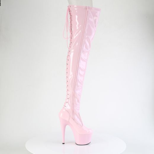 Product image of Pleaser ADORE-3850 B. Pink Str. Pat/B. Pink 7 Inch Heel 2 3/4 Inch PF Lace-Up Back Stretch Thigh Boot Side Zip
