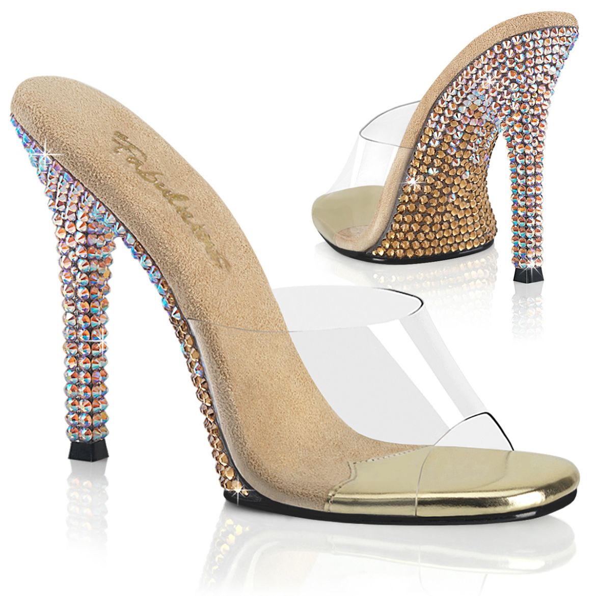 Product image of Fabulicious GALA-01DMM Clr/Gold Multi RS 4 1/2 Inch Heel Slide w/ Two Tone RS
