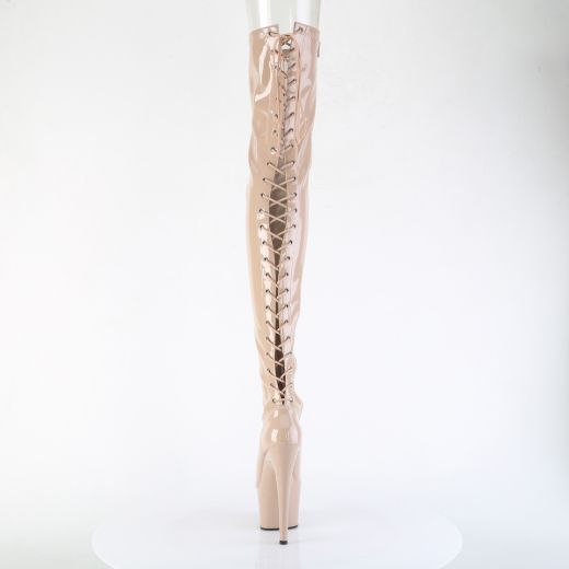 Product image of Pleaser ADORE-3850 Nude Str. Pat/Nude 7 Inch Heel 2 3/4 Inch PF Lace-Up Back Stretch Thigh Boot Side Zip