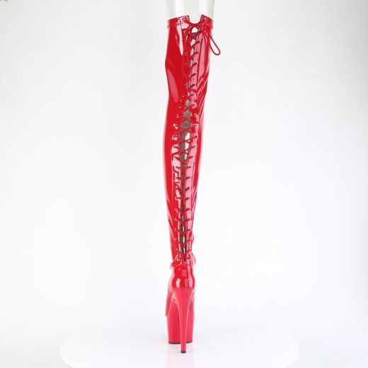 Product image of Pleaser ADORE-3850 Red Str. Pat/Red 7 Inch Heel 2 3/4 Inch PF Lace-Up Back Stretch Thigh Boot Side Zip