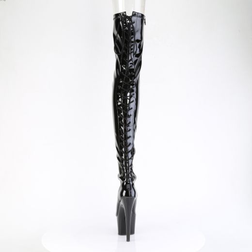 Product image of Pleaser ADORE-3850 Blk Str. Pat/Blk 7 Inch Heel 2 3/4 Inch PF Lace-Up Back Stretch Thigh Boot Side Zip