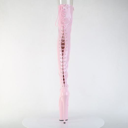 Product image of Pleaser FLAMINGO-3850 B. Pink Str. Pat/B. Pink 8 Inch Heel 4 Inch PF Lace-Up Back Stretch Thigh Boot Side Zip