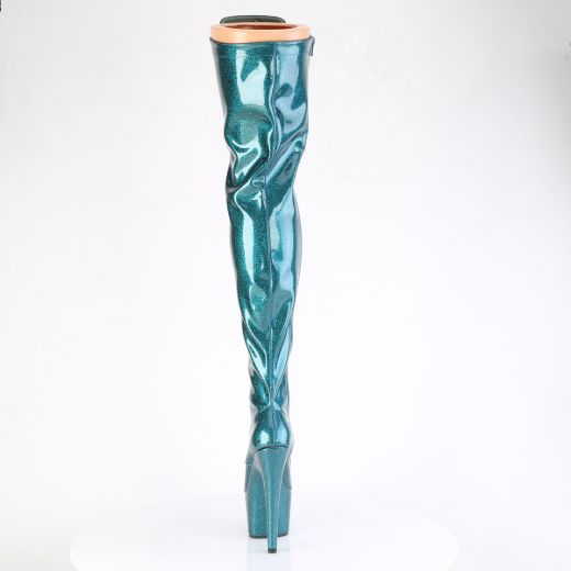 Product image of Pleaser ADORE-3020GP Teal Glitter Pat/M 7 Inch Heel 2 3/4 Inch PF Lace-Up Stretch Thigh Boot Side Zip