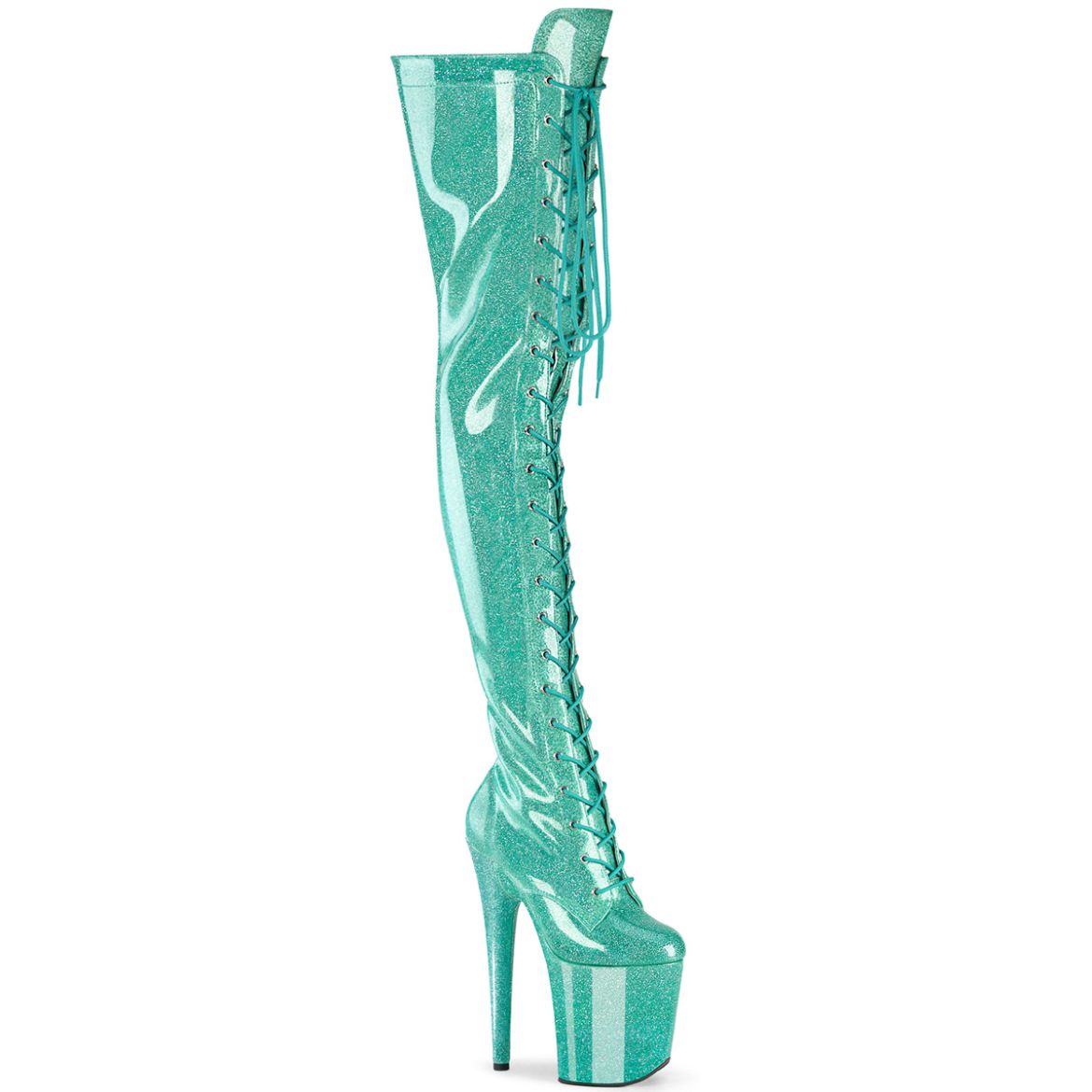 Product image of Pleaser FLAMINGO-3020GP Aqua Glitter Pat/M 8 Inch Heel 4 Inch PF Lace-Up Stretch Thigh Boot Side Zip