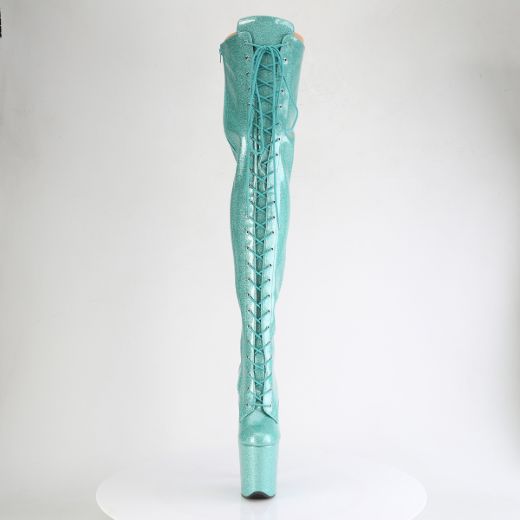 Product image of Pleaser FLAMINGO-3020GP Aqua Glitter Pat/M 8 Inch Heel 4 Inch PF Lace-Up Stretch Thigh Boot Side Zip