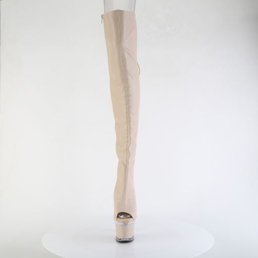 Product image of Pleaser SPECTATOR-3030 Nude Faux Leather/Clr-Nude Matte 7 Inch Heel 3 Inch Textured PF Lace-Up Back Thigh Boot Side Zip