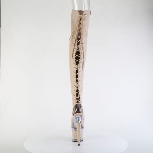 Product image of Pleaser SPECTATOR-3030 Nude Faux Leather/Clr-Nude Matte 7 Inch Heel 3 Inch Textured PF Lace-Up Back Thigh Boot Side Zip