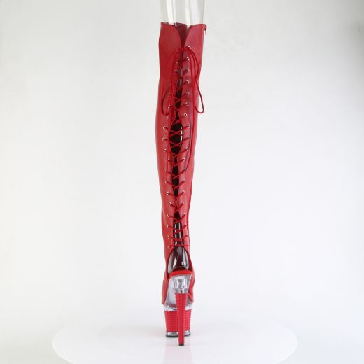 Product image of Pleaser SPECTATOR-3030 Red Faux Leather/Clr-Red Matte 7 Inch Heel 3 Inch Textured PF Lace-Up Back Thigh Boot Side Zip