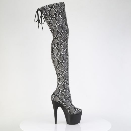Product image of Pleaser ADORE-3008SP-BT Grey-Blk Snake Print/Blk Matte 7 Inch Heel 2 3/4 Inch PF Stretch Snake Print Pull-On Thigh Boot