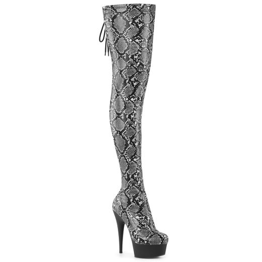 Product image of Pleaser DELIGHT-3008SP-BT Grey-Blk Snake Print/Blk Matte 6 Inch Heel 1 3/4 Inch PF Stretch Snake Print Pull-On Thigh Boot