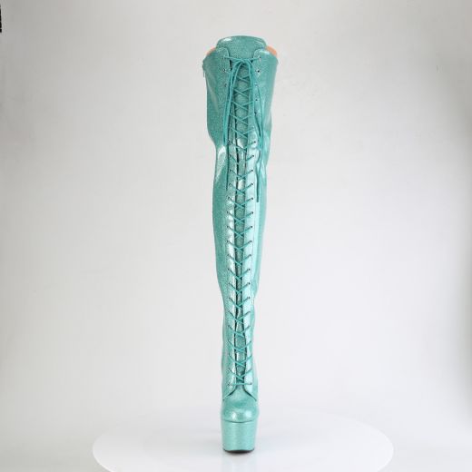 Product image of Pleaser ADORE-3020GP Aqua Glitter Pat/M 7 Inch Heel 2 3/4 Inch PF Lace-Up Stretch Thigh Boot Side Zip