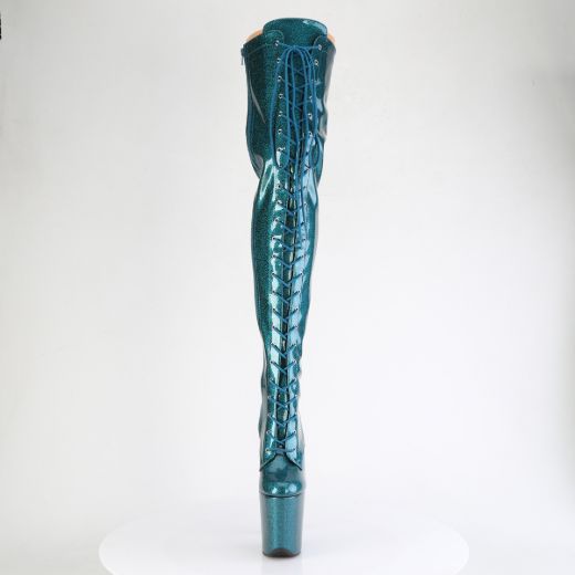 Product image of Pleaser FLAMINGO-3020GP Teal Glitter Pat/M 8 Inch Heel 4 Inch PF Lace-Up Stretch Thigh Boot Side Zip