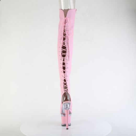 Product image of Pleaser SPECTATOR-3030 B. Pink Faux Leather/Clr-B. Pink Ma 7 Inch Heel 3 Inch Textured PF Lace-Up Back Thigh Boot Side Zip