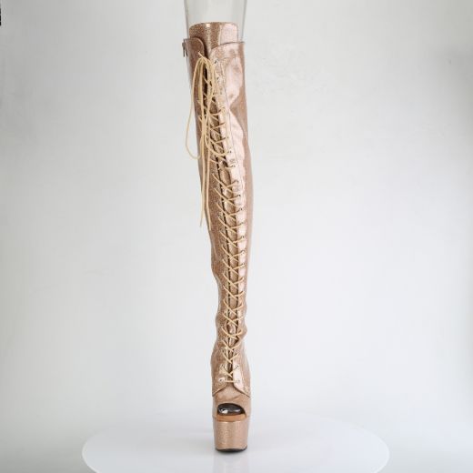 Product image of Pleaser ADORE-3021GP Gold Glitter Pat/M 7 Inch Heel 2 3/4 Inch PF Peep Toe Lace-Up Thigh Boot Side Zip