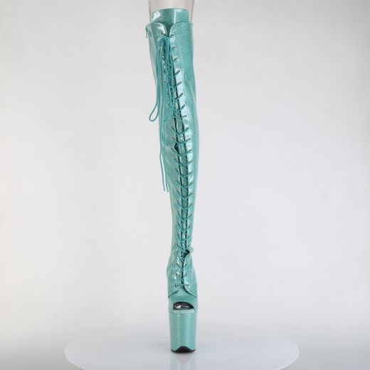 Product image of Pleaser FLAMINGO-3021GP Aqua Glitter Pat/M 8 Inch Heel 4 Inch PF Peep Toe Lace-Up Thigh Boot Side Zip