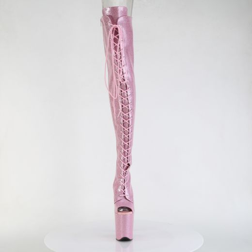 Product image of Pleaser FLAMINGO-3021GP B. Pink Glitter Pat/M 8 Inch Heel 4 Inch PF Peep Toe Lace-Up Thigh Boot Side Zip