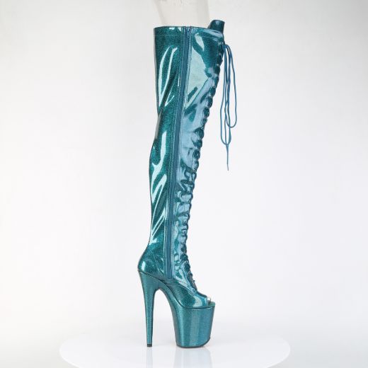 Product image of Pleaser FLAMINGO-3021GP Teal Glitter Pat/M 8 Inch Heel 4 Inch PF Peep Toe Lace-Up Thigh Boot Side Zip