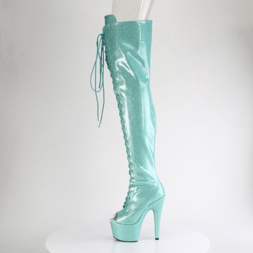 Product image of Pleaser ADORE-3021GP Aqua Glitter Pat/M 7 Inch Heel 2 3/4 Inch PF Peep Toe Lace-Up Thigh Boot Side Zip