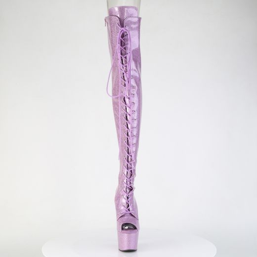Product image of Pleaser ADORE-3021GP Lilac Glitter Pat/M 7 Inch Heel 2 3/4 Inch PF Peep Toe Lace-Up Thigh Boot Side Zip
