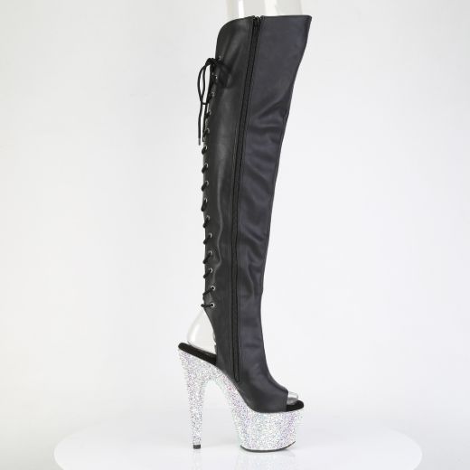 Product image of Pleaser BEJEWELED-3019MS-7 Blk Faux Leather/Slv AB RS 7 Inch Heel 2 3/4 Inch PF Open Toe/Back Over-The-Knee Boot w/RS