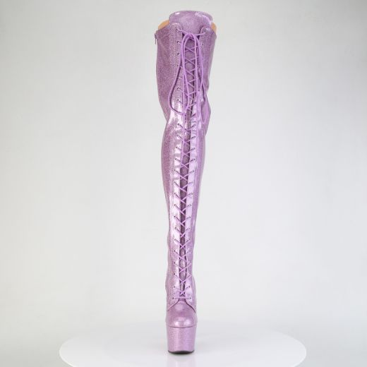 Product image of Pleaser ADORE-3020GP Lilac Glitter Pat/M 7 Inch Heel 2 3/4 Inch PF Lace-Up Front Thigh Boot Side Zip
