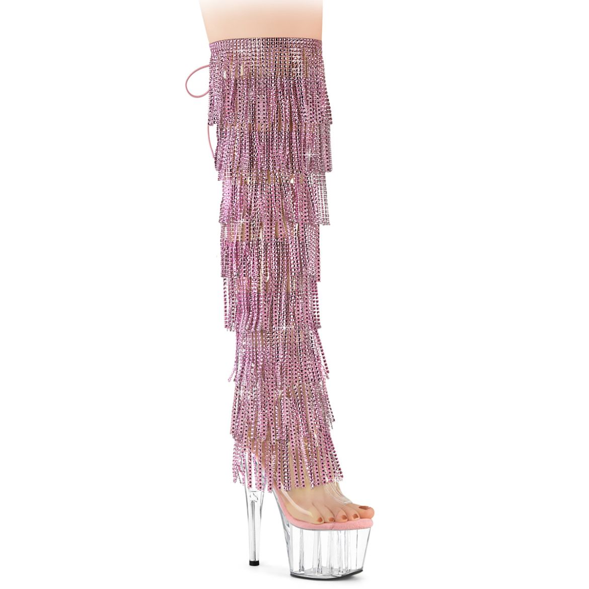 Product image of Pleaser ADORE-3019C-RSF Clr-B. Pink/Clr 7 Inch Heel 2 3/4 Inch PF 8-Layer Fringe OTK Boot Side Zip