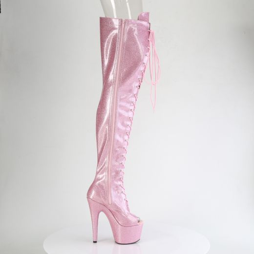 Product image of Pleaser ADORE-3021GP B. Pink Glitter Pat/M 7 Inch Heel 2 3/4 Inch PF Peep Toe Lace-Up Thigh Boot Side Zip