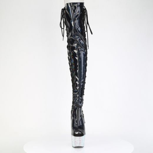 Product image of Pleaser BEJEWELED-3052HG-7 Blk Holo Pat/Slv Multi RS 7 Inch Heel 2 3/4 Inch PF Open Toe/Back Side Lace Thigh Boot w/RS