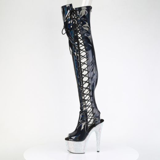 Product image of Pleaser BEJEWELED-3052HG-7 Blk Holo Pat/Slv Multi RS 7 Inch Heel 2 3/4 Inch PF Open Toe/Back Side Lace Thigh Boot w/RS