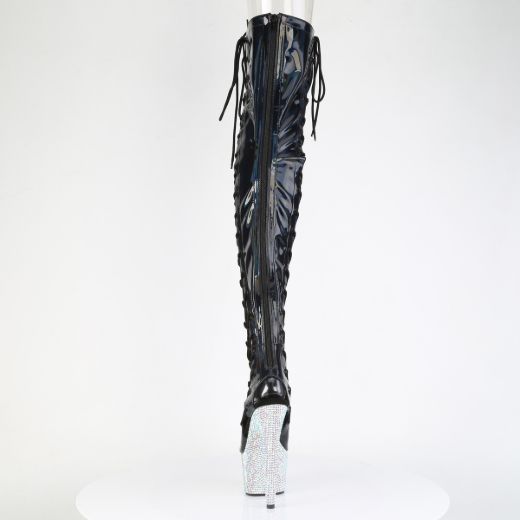 Product image of Pleaser BEJEWELED-3052HG-7 Blk Holo Pat/Slv Multi RS 7 Inch Heel 2 3/4 Inch PF Open Toe/Back Side Lace Thigh Boot w/RS