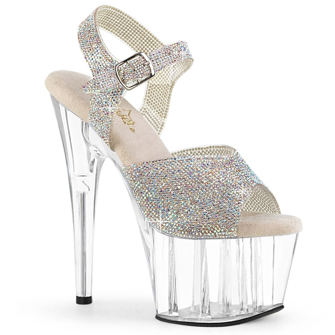 Product image of Pleaser ADORE-708N-RS Slv AB RS-TPU/Clr 7 Inch Heel 2 3/4 Inch PF RS Embellished Ankle Strap Sandal