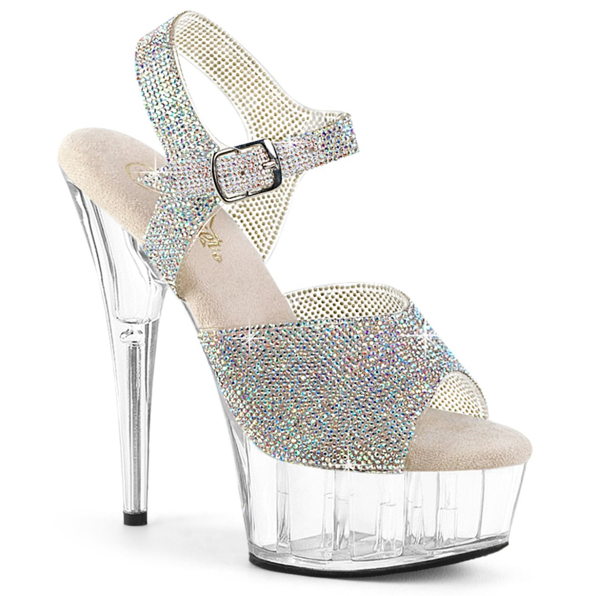 Product image of Pleaser DELIGHT-608N-RS Slv AB RS-TPU/Clr 6 Inch Heel 1 3/4 Inch PF RS Embellished Ankle Strap Sandal