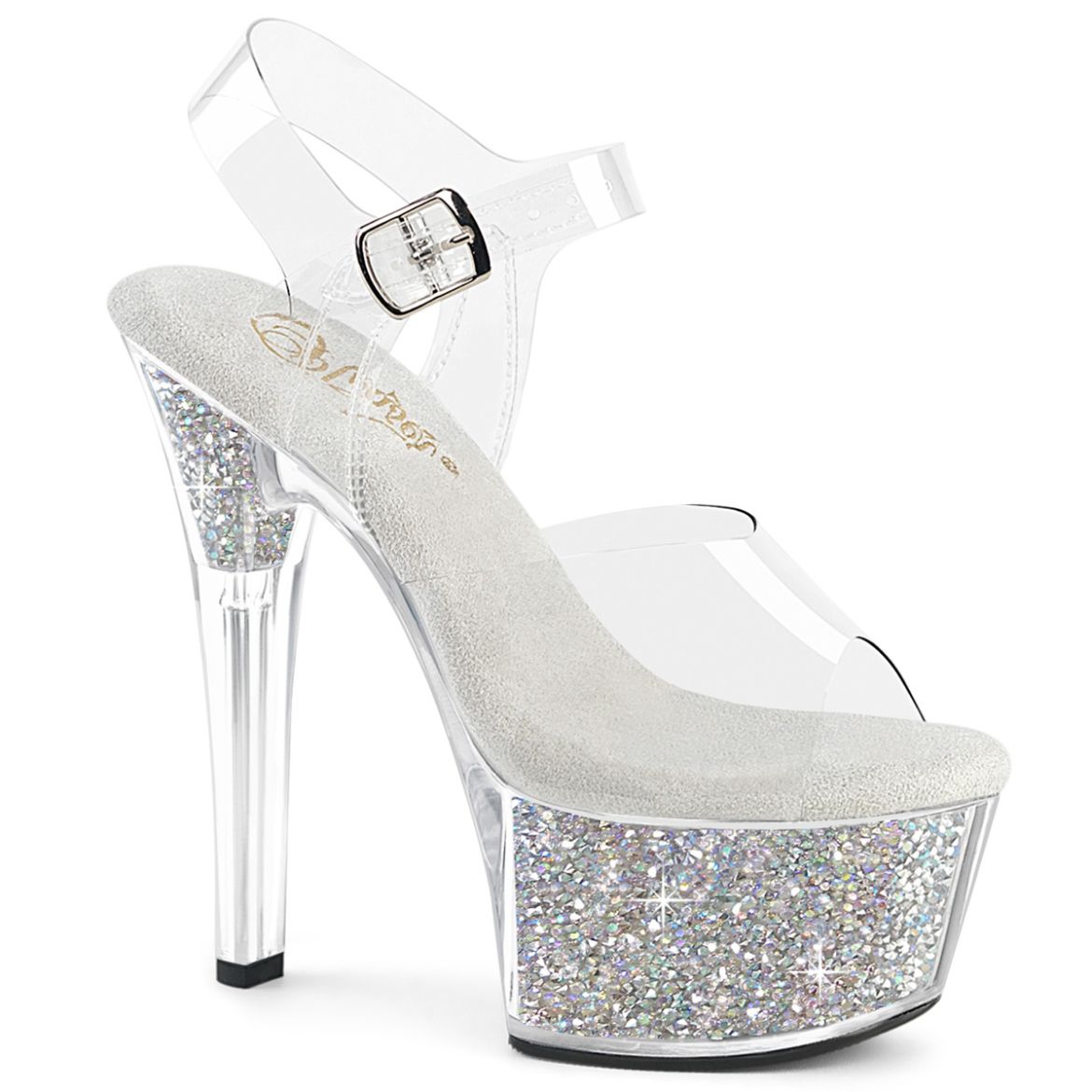 Product image of Pleaser ASPIRE-608RSI Clr/Clr-Slv AB RS 6 Inch Heel 2 1/4 Inch PF Ankle Strap Sandal w/RS Inserts