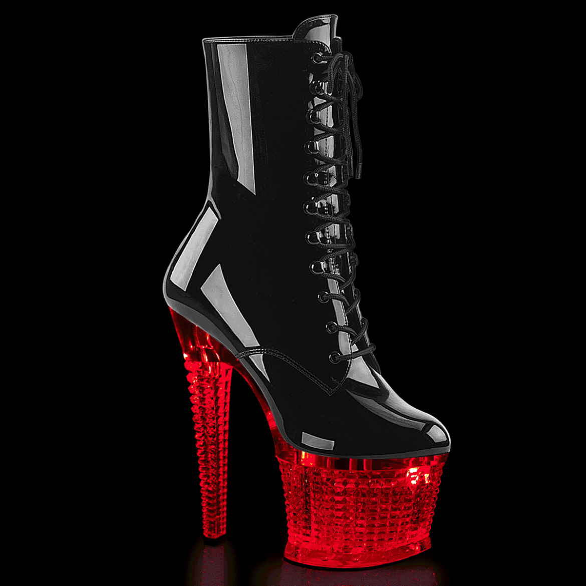 Product image of Pleaser FLASHDANCE-1020SPEC Blk/Clr 7 Inch Heel 3 Inch Textured PF LED Illuminated Ankle Boot Side Zip