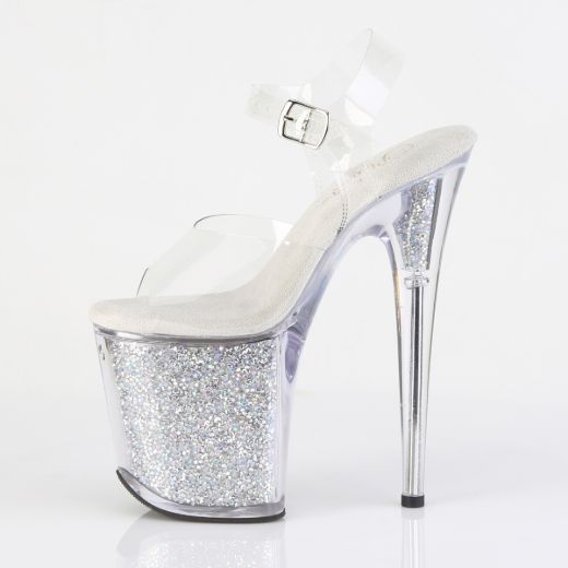 Product image of Pleaser FLAMINGO-808RSI Clr/Clr-Slv AB RS 8 Inch Heel 4 Inch PF Ankle Strap Sandal w/RS Inserts