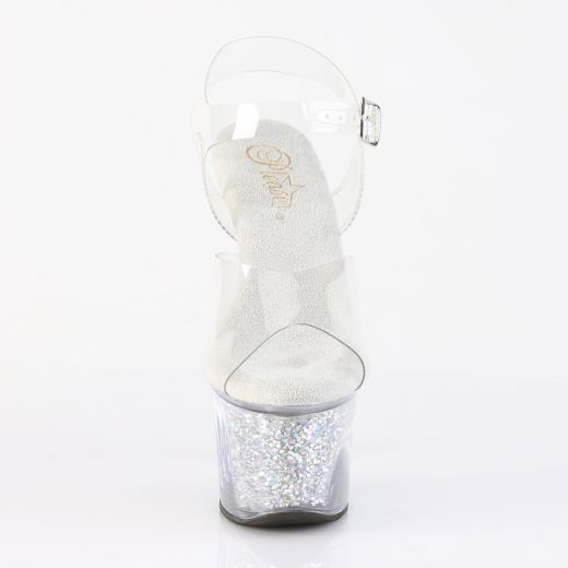 Product image of Pleaser SKY-308RSI Clr/Clr-Slv AB RS 7 Inch Heel 2 3/4 Inch PF Ankle Strap Sandal w/RS Inserts