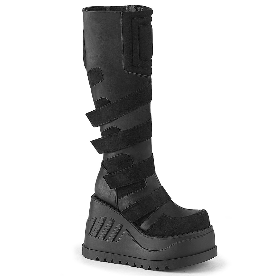 Product image of Demoniacult STOMP-228 Blk Vegan Leather 4 3/4 Inch Wedge PF Knee High Boot Inside Zip