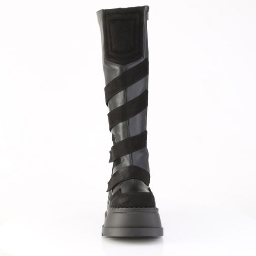 Product image of Demoniacult STOMP-228 Blk Vegan Leather 4 3/4 Inch Wedge PF Knee High Boot Inside Zip
