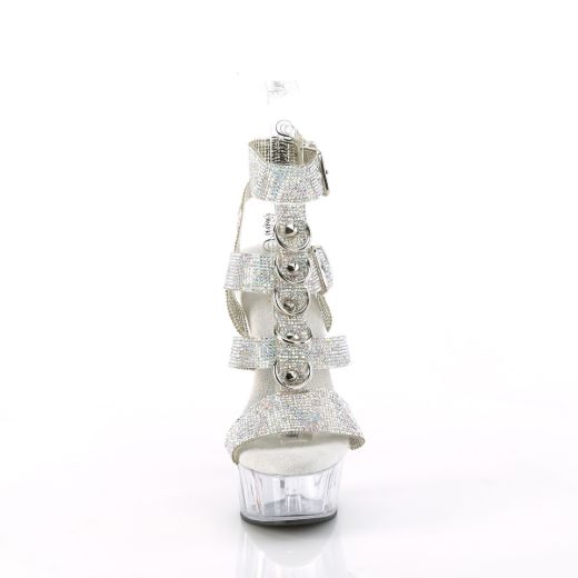 Product image of Pleaser DELIGHT-656RS Slv AB RS-TPU/Clr 6 Inch Heel 1 3/4 Inch PF Rhinestoned Dual Buckle T-Strap Sandal