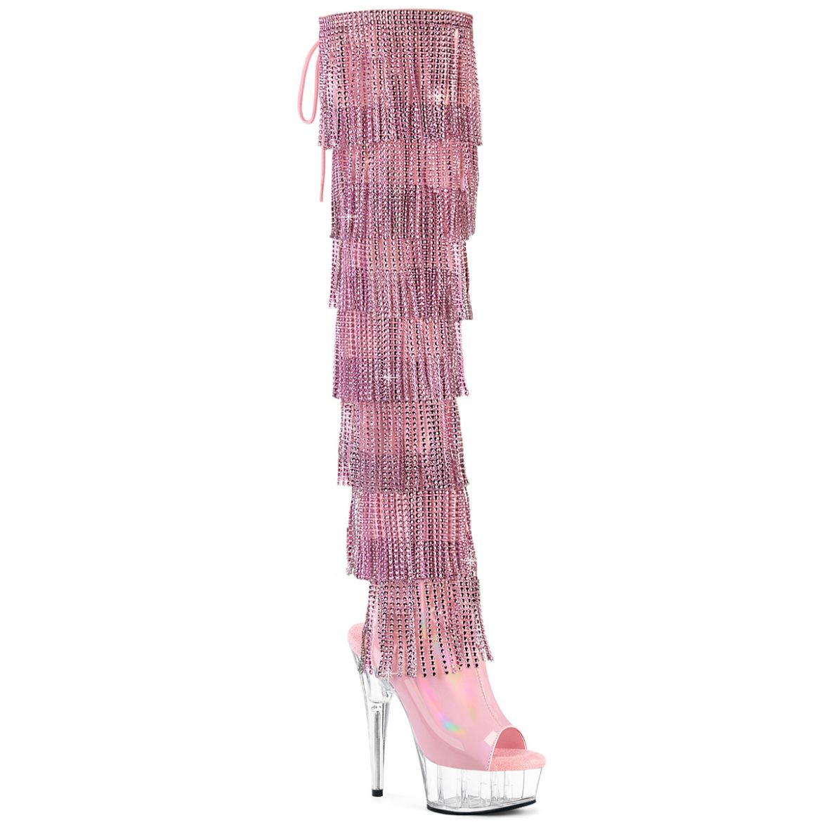 Product image of Pleaser DELIGHT-3017HG-RSF B. Pink Holo Pat/Clr 6 Inch Heel 1 3/4 Inch PF 7-Layer Fringe Lace-Up Back Thigh Boot