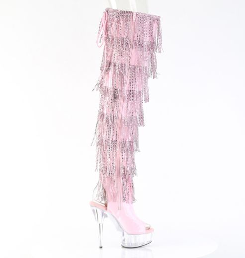 Product image of Pleaser DELIGHT-3017HG-RSF B. Pink Holo Pat/Clr 6 Inch Heel 1 3/4 Inch PF 7-Layer Fringe Lace-Up Back Thigh Boot