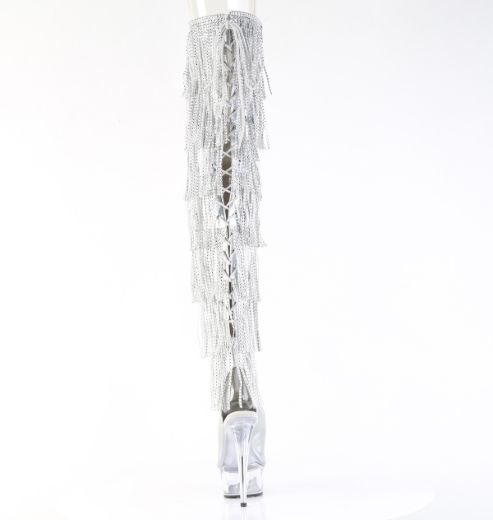 Product image of Pleaser DELIGHT-3017HG-RSF Slv Holo Metallic Pu/Clr 6 Inch Heel 1 3/4 Inch PF 7-Layer Fringe Lace-Up Back Thigh Boot